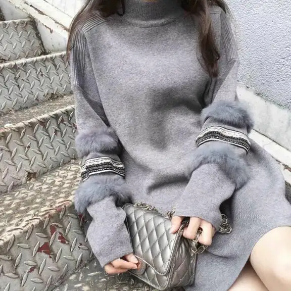 Высокое качество женское вязаное кашемировое платье свитер с бусинами кроличий