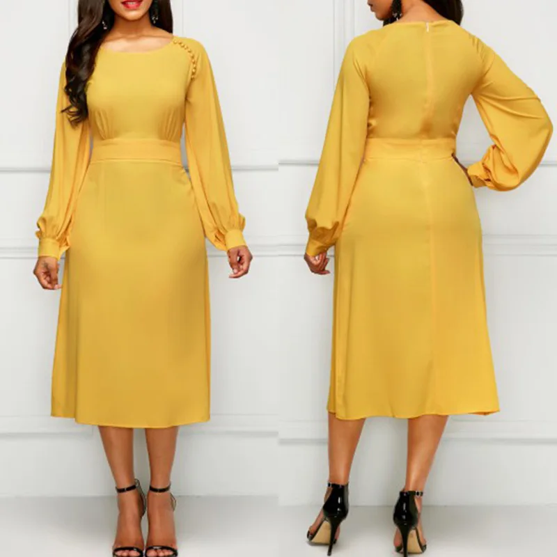 

Woman Dress 2021 Spring Casual Slim Yellow Long Sleeve High Waist Ball Gown Dresses Women Elegant Sexy Office Long Party Dress