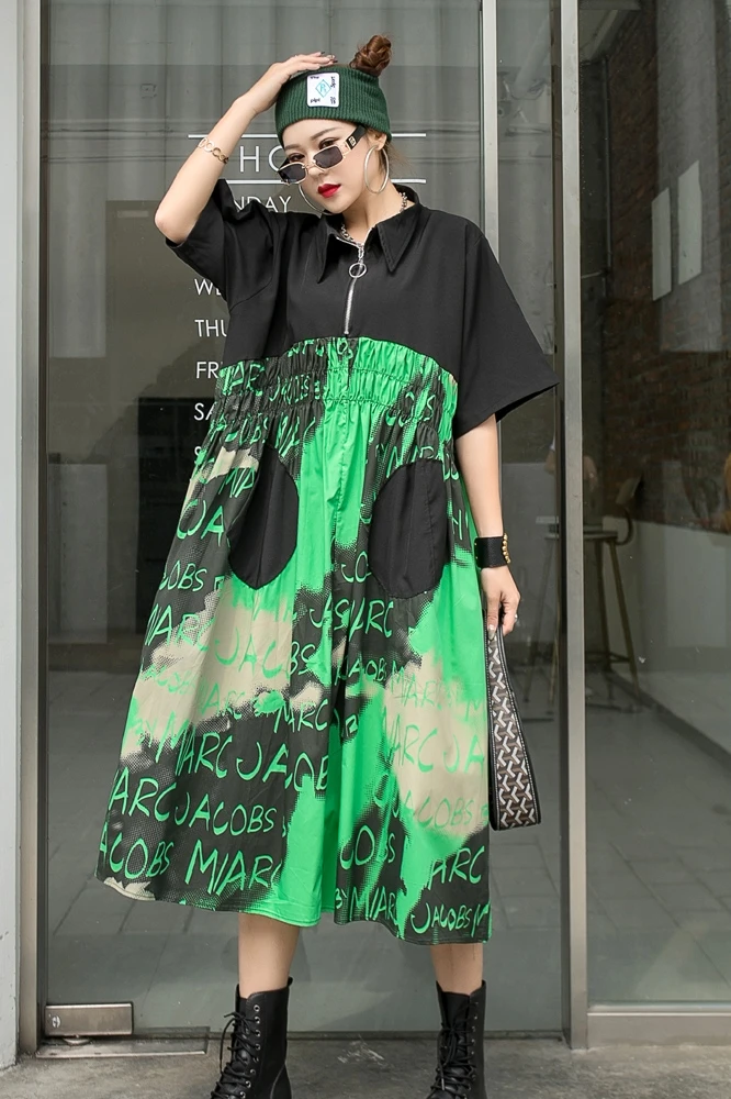 

European station 2021 summer new large size fat mm temperament loose slimming belly dress female short sleeves
