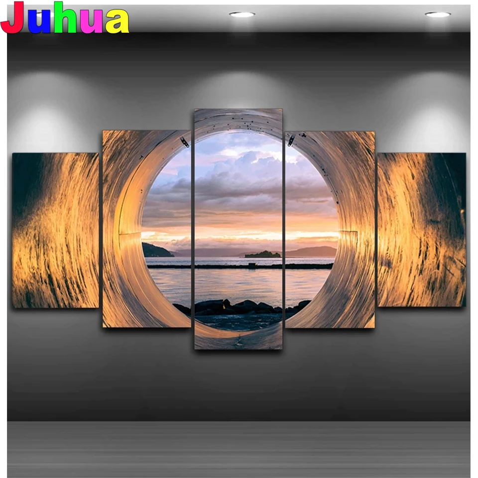 

5 Panel Sunset Ocean View 5d diamond painting,full,square,round diamond embroidery 5 Piece set,seascape mosaic diamond art