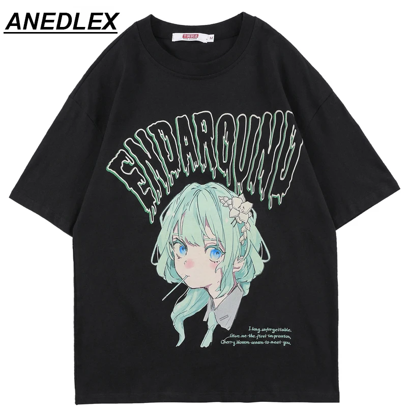 

Summer T-shirt Men Green Hair Girl Cartoon Anime Printed O-Neck Hip Hop Streetwear Japanese Harajuku Fashion Tops Men Clothing