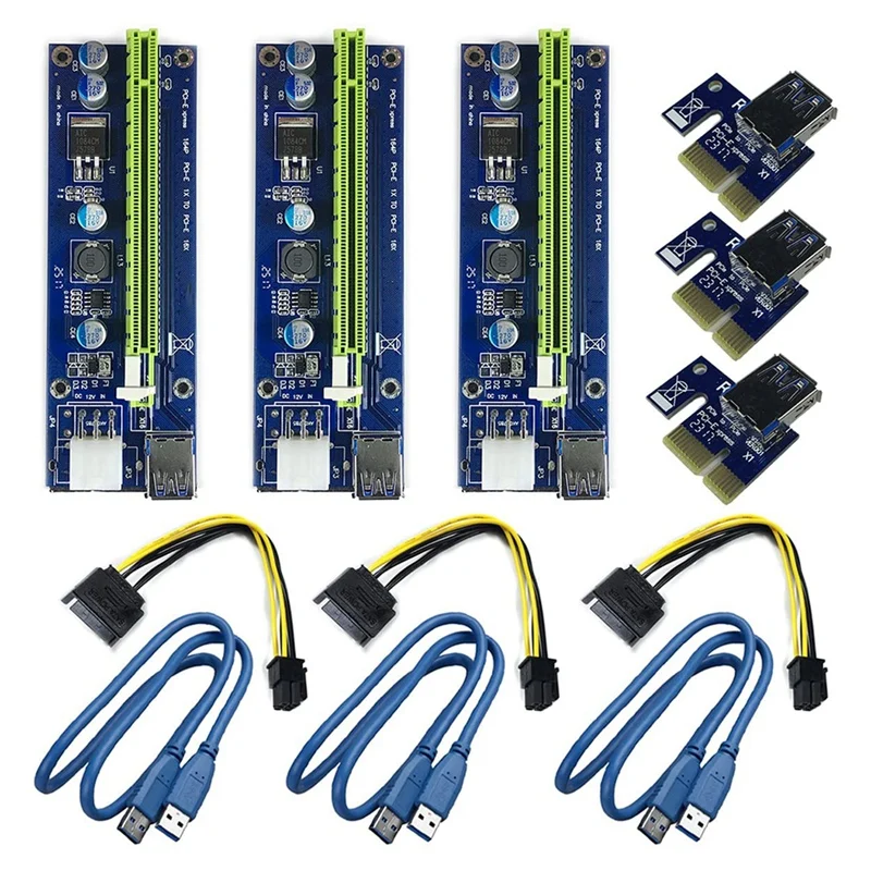 

3 шт. PCI-E 1X до 16X усиленный адаптер Райзера с питанием синий Кабель-адаптер VER009S