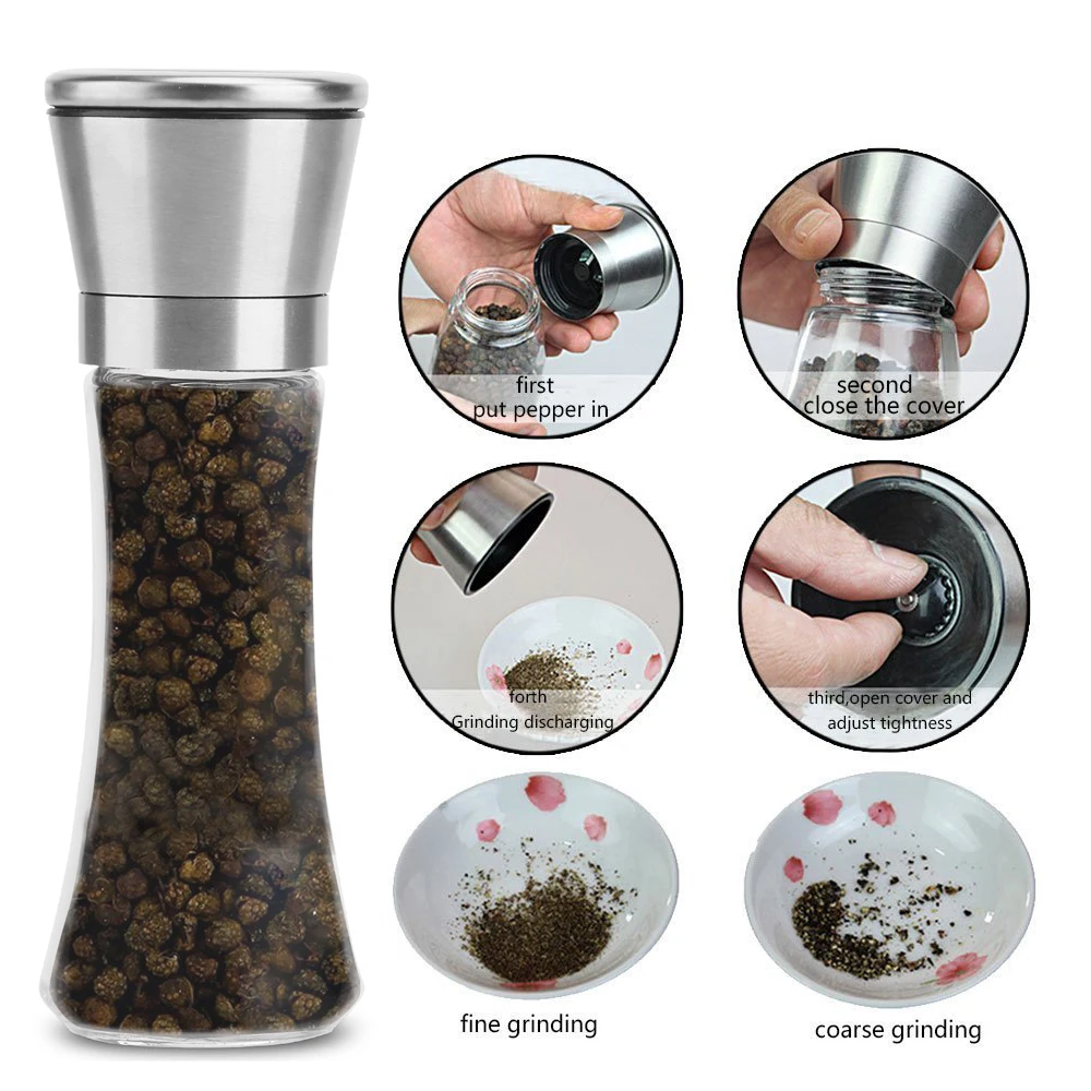 2PCS Premium Stainless Steel Salt and Pepper Grinder Shakers Glass Body Spice Salt And Pepper Mill with Adjustable Ceramic Rotor