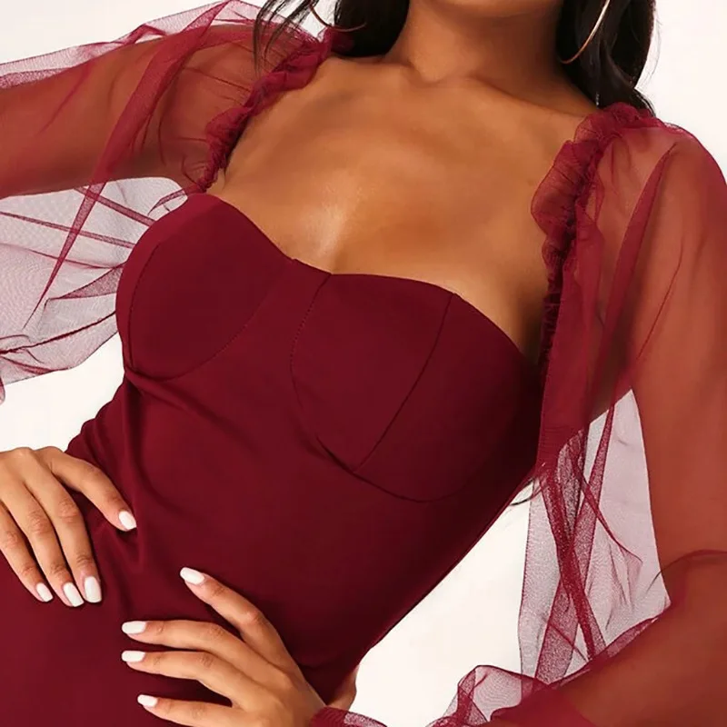 

Black Mesh Long Sleeve Patchwork Dress for Women Strapless Elegant Mini Sexy Bodycon Backless Party Club Dresses 2021 Summer New