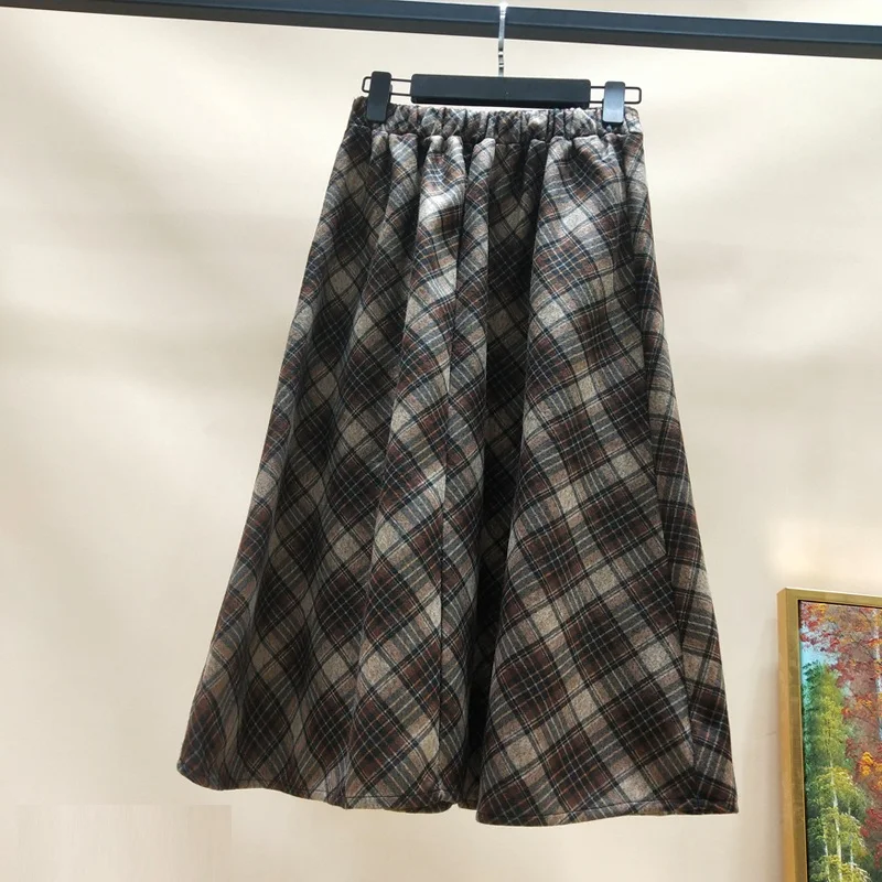 Autumn Winter High waist umbrella skirt a word skirt wild waist woolen female Flared new poncho skirt Plaid Long skirt