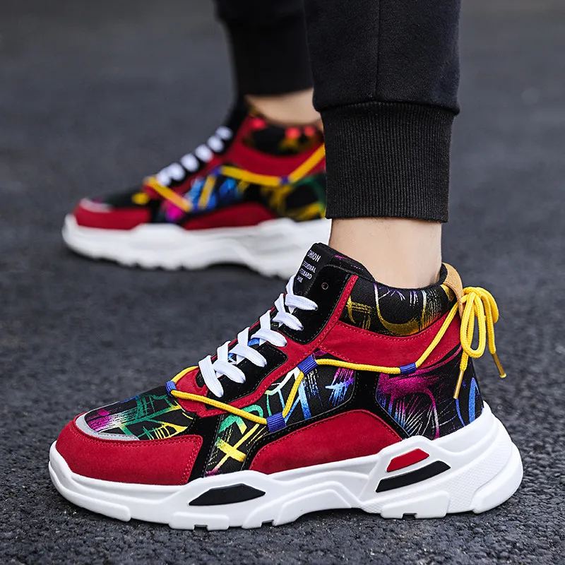 Fashion Rainbow Printed Men's Sports Shoes High top Ankle Platform Men Sneakers Skateboard Red Non-slip Men Skate Shoes Trainers