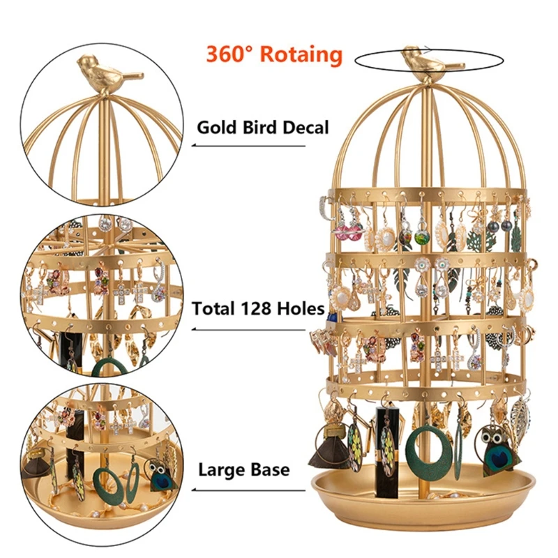 

2021 New Bird Cage Jewelry Rack Four-layer Golden Rotating Jewelry Display Stand for Girl
