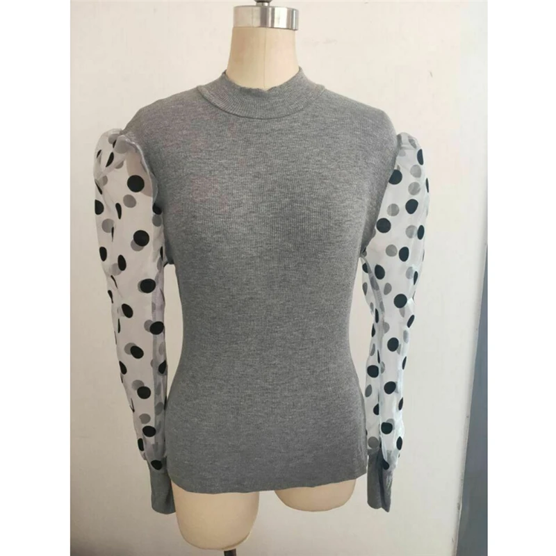 2019 New Fashion Elegant Slim Polka Dot Puff Long Sleeve Tops Shirt Turtleneck Fall Blouse Women's Sheer Mesh See-through | Женская