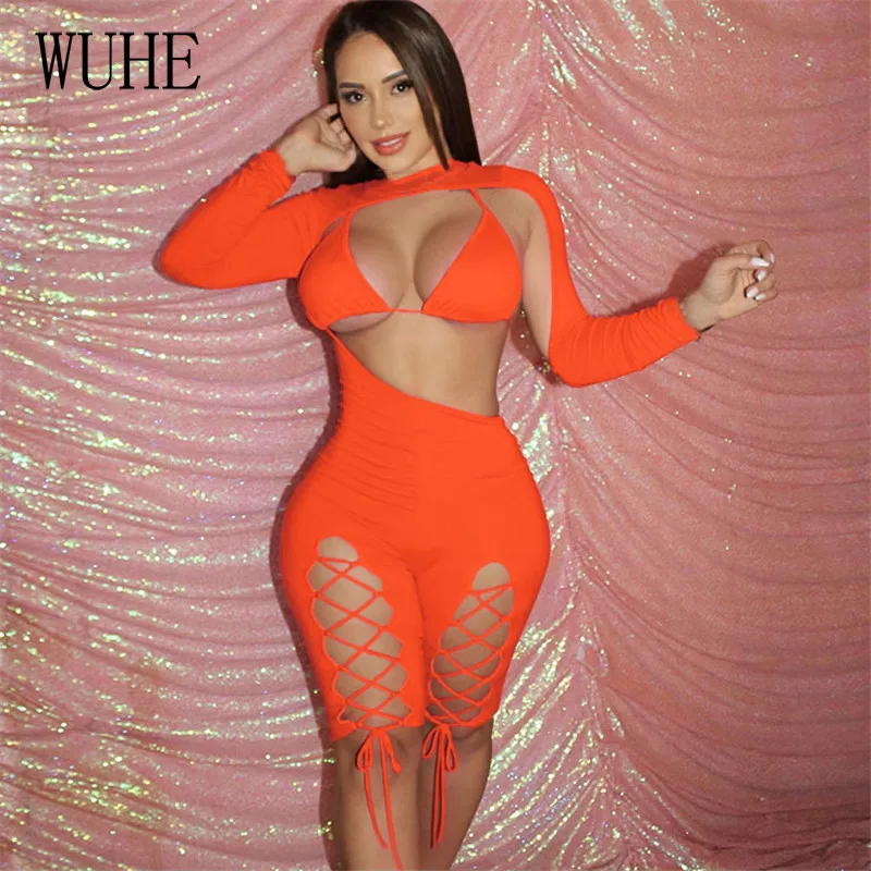 

KEXU Nightclub Party Two Piece Sets Halter Lace Up Top +long Sleeve O Neck Cross Bandage Hollow Out Playsuits Casual Outfits