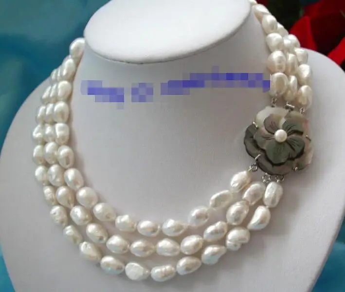

Потрясающее ожерелье из белого пресноводного жемчуга в стиле барокко 3 ряда 10*13 мм