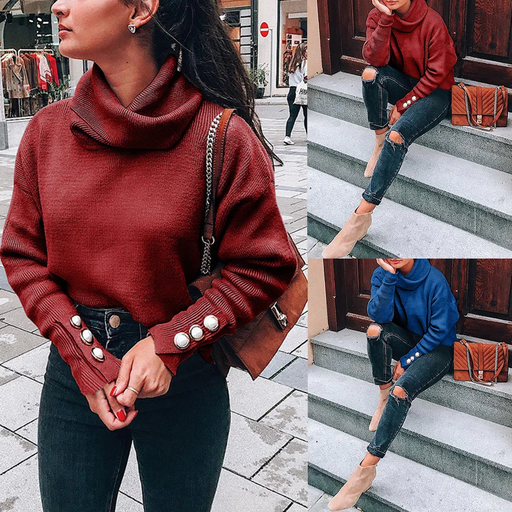 Зимний модный вязаный джемпер с высоким воротником пуловер на пуговицах
