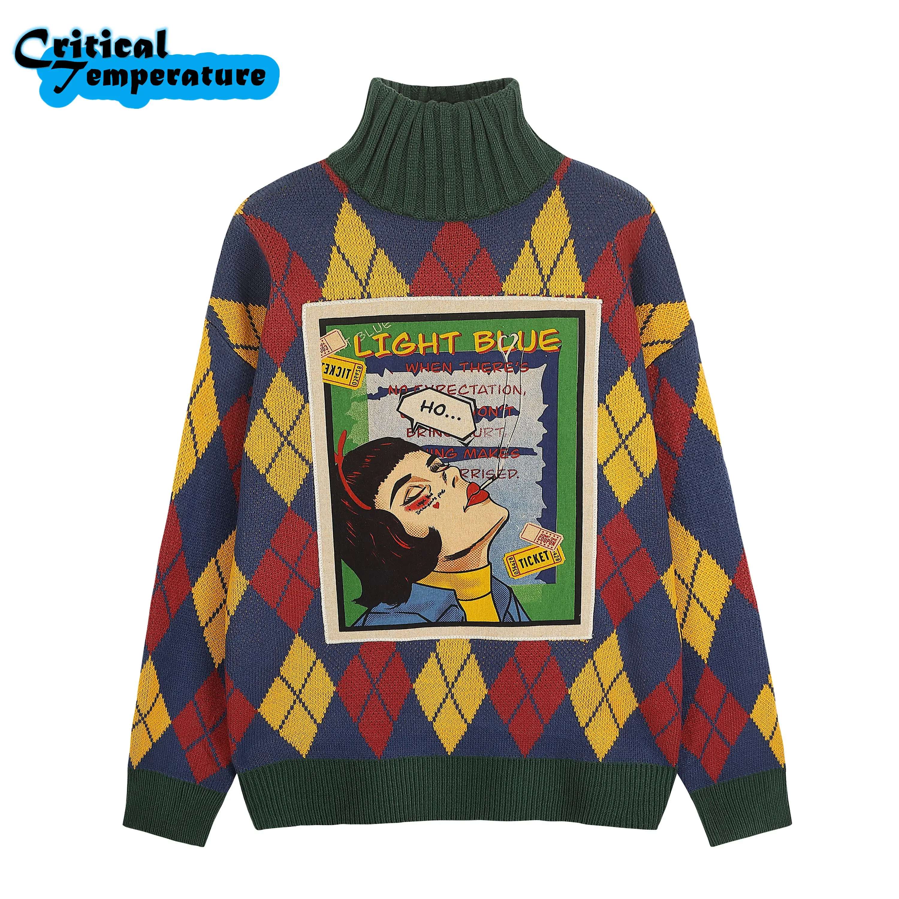 

Knitted Harajuku men Oversized Argyle Sweaters Long Sleeve Tops Cartoon Appliques Pullovers Casual Fashion Streetwear Turtleneck