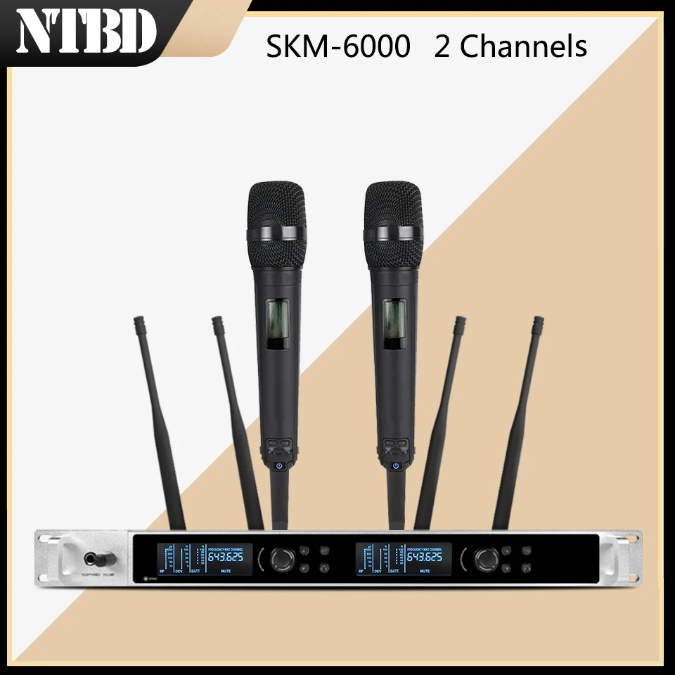

NTBD Home KTV Party Stage Performance Wedding Church SKM6000 UHF 2 Channel 2 Handheld Dual Wireless Microphone System Dynamic