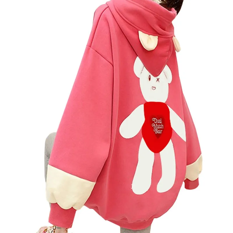 

Casual Plus Velvet Winter Women Hoodie Oversize Sweet Pink Korean Sweatshirt Harajuku Print Dancing Polar Bear Pullover Female