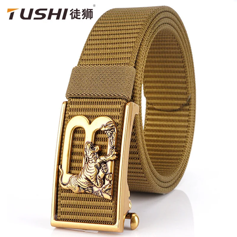 TUSHI 2021 Fashion New Summer Men Belt Unique Tiger Pattern Metal Automatic Buckle Male Waistband 120cm*3.4cm Nylon Ceinture 73
