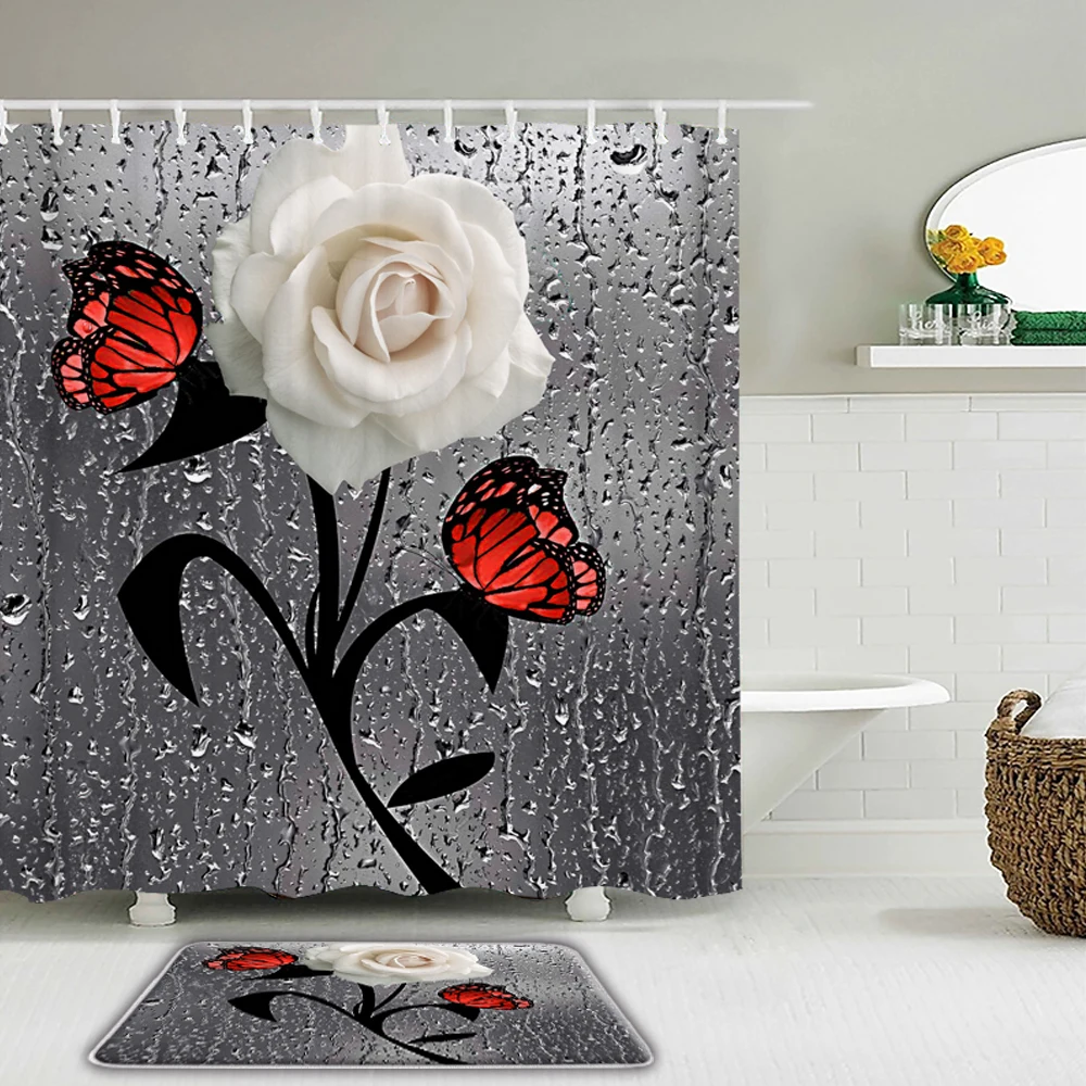 

Набор водонепроницаемых Противоскользящих занавесок для душа из ярких цветов, роз, бабочек, 3d-печати