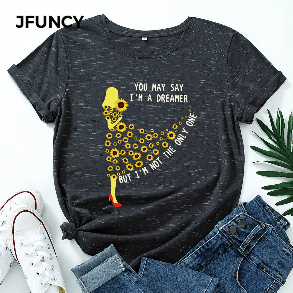 JFUNCY Oversize Women's T-shirt Short Sleeve Cotton Girl Dreamer T Shirts Female Graphic Tees Tops Summer Lady Tshirt