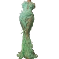 green floor length feather dresses sleeveless sequins decoration floor length theatrical costume for women performance suit