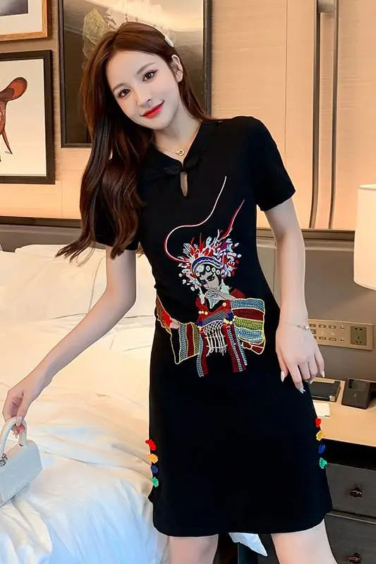

COIGARSAM Chinese Style Women one-piece dress korean New Summer Cheongsam Dresses Black 8693