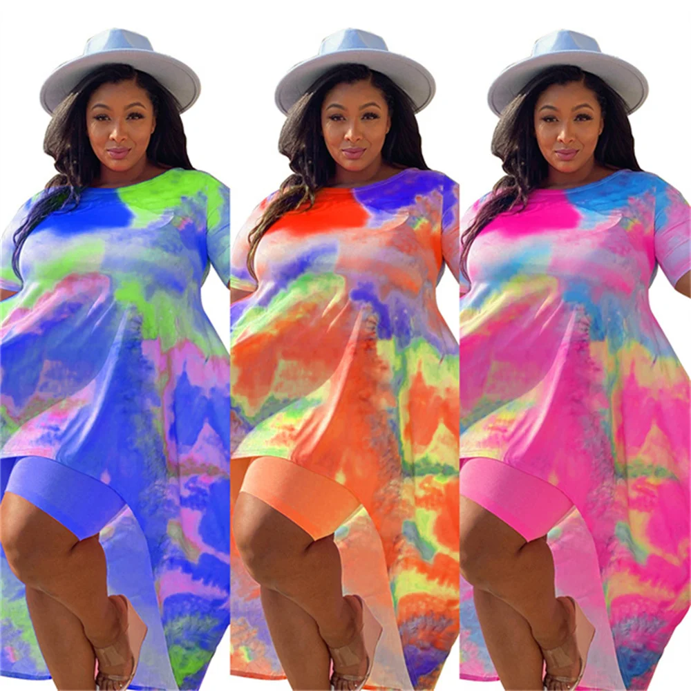 

RStylish Summer 2021 Outfits Fashion Tie Dye Print Women Clothing Short Sleeve Irregular Loose Long Top Biker Shorts 2 Piece Set