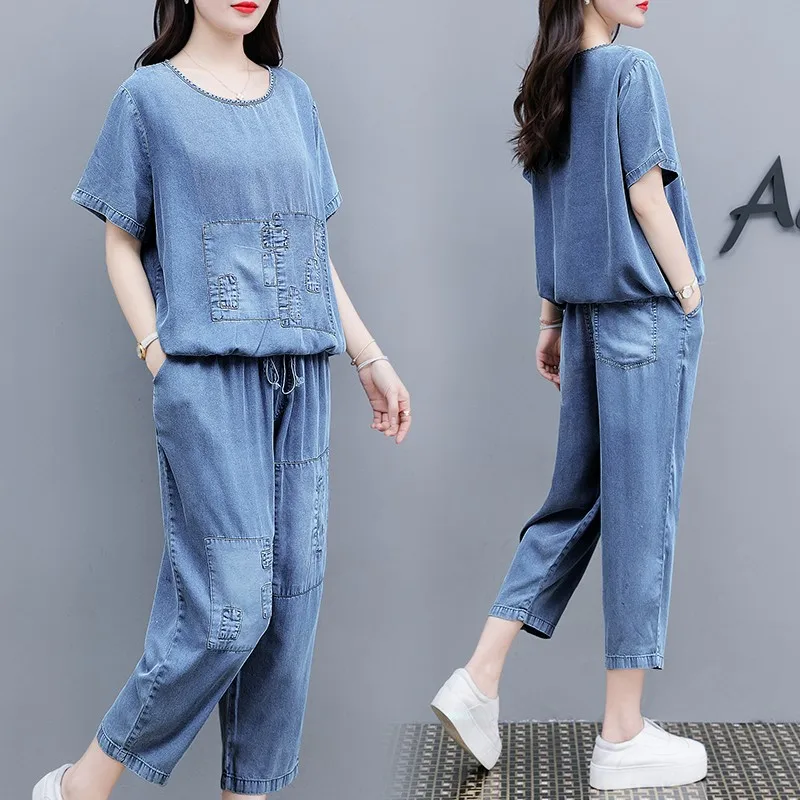 Женский джинсовый комплект из двух предметов свободная футболка с коротким