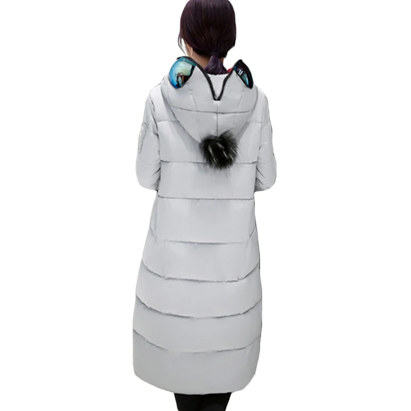 Large Size M-4XL Winter Women Eyes Hooded Hair Ball Cotton Padded Long Jacket Coat Girl Student Fashion Parka LH363 |