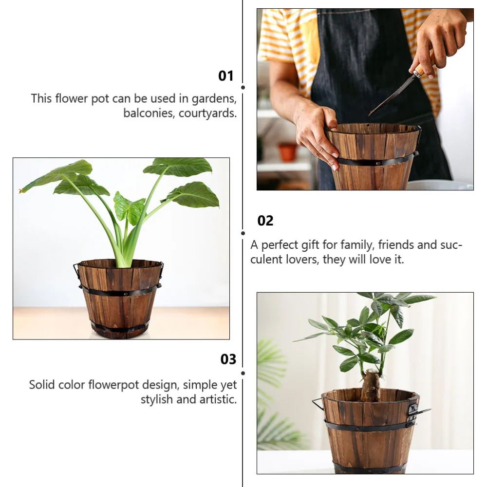

2Pcs Multifunctional Wooden Bucket Succulent Planter Round Bonsai Flower Bucket