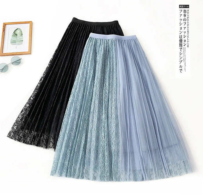 Женская юбка из тюля с кружевом и пэчворком из сетки SURMIITRO, длинная юбка черного цвета с высокой талией в корейском стиле для женщин осенью