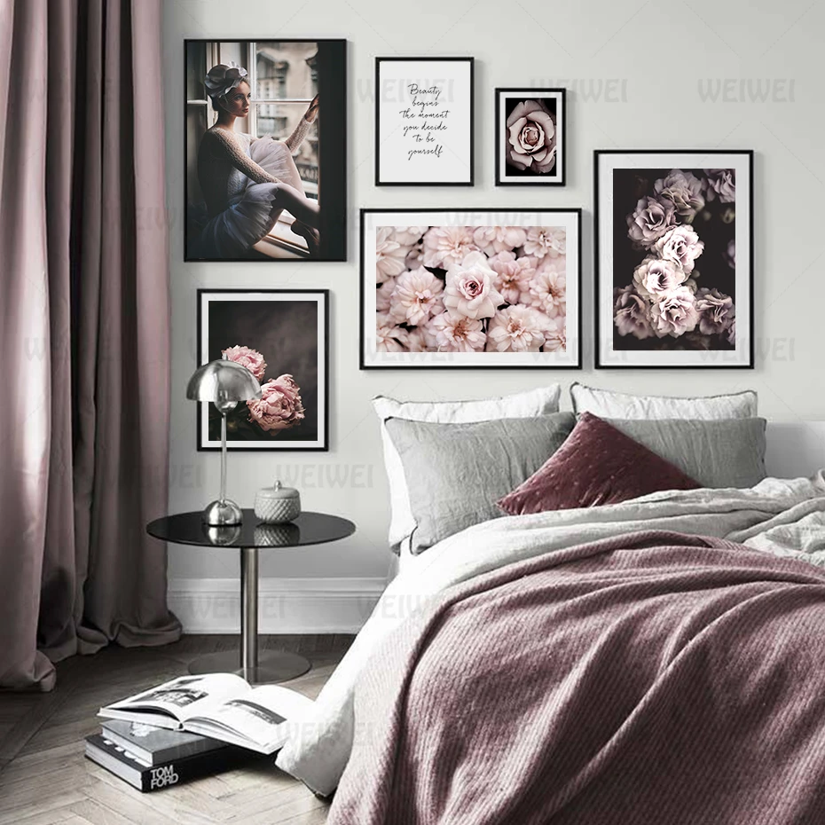 Современная Картина на холсте с розовыми пионами и цветочным принтом девушки