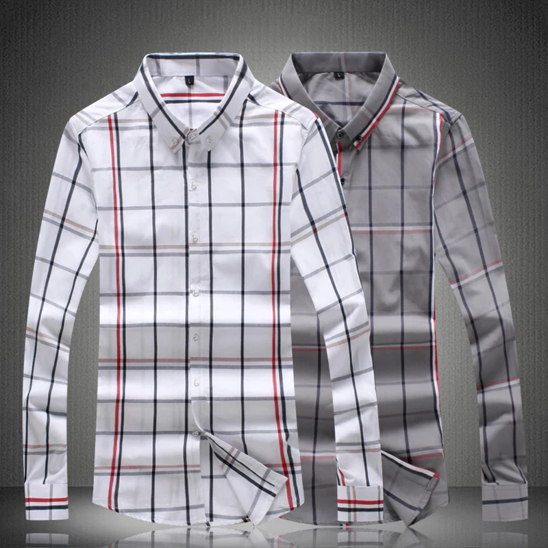 

2020 Gray New Checkered Fashion Men Long Sleeve Slim Fit Camisa Masculina Plaid Shirts Large Size M-XXXXL #8929