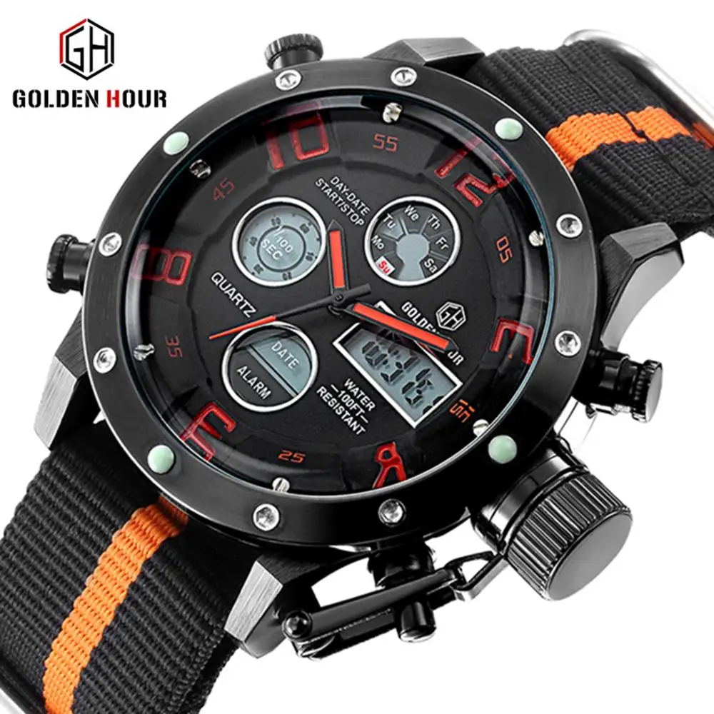 Часы GOLDENHOUR мужские спортивные водонепроницаемые кварцевые с двойным дисплеем