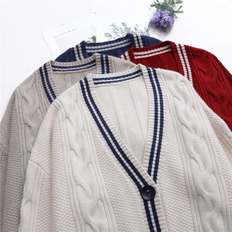 

2020 New Korean Style College Style V-Neck Single-Breasted Knitted Cardigan Women Lloose Large Size Twist Sweater Coat C003