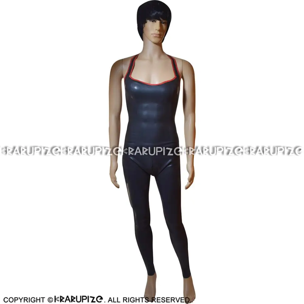 

Black And Red Halter Sexy Latex Catsuit With Back To Front Crotch Zipper Rubber Bodysuit Zentai Overall Body Suit LTY-0235