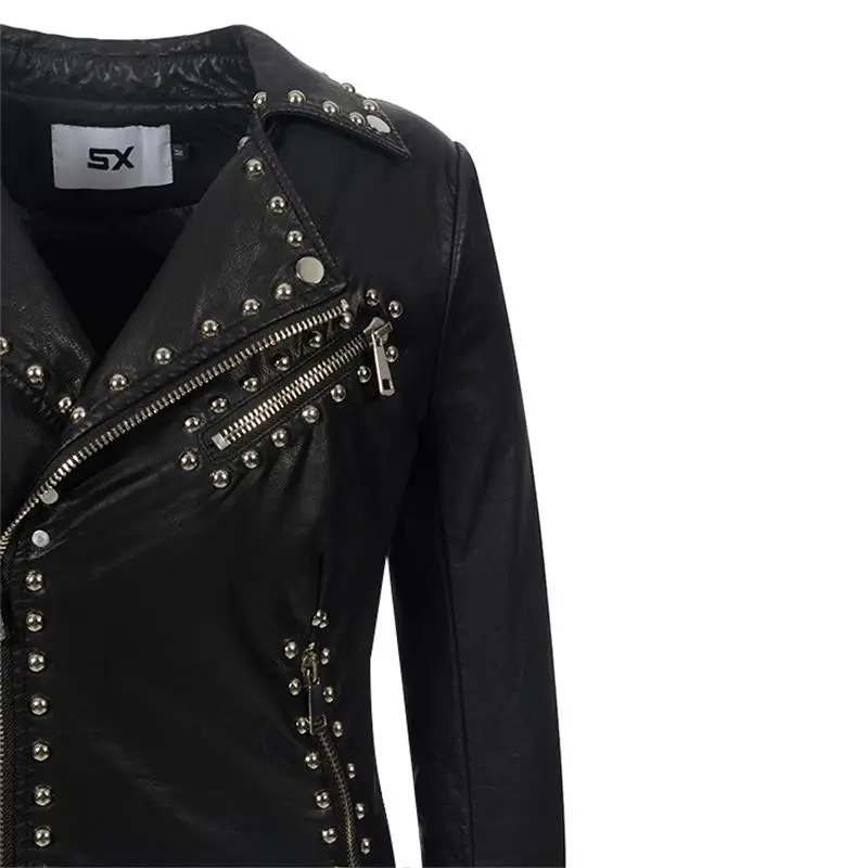 Explosion style hot sale ladies black lapel zipper leather jacket punk rivet pu plus size jacket