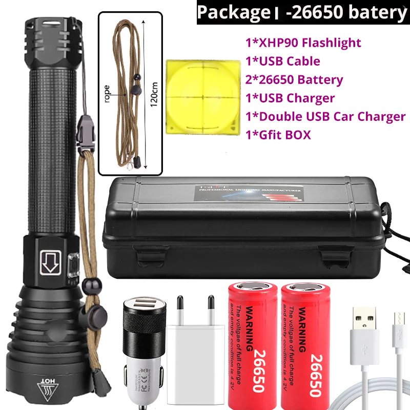 Package I-XHP90 XHP90 XHP70.2 супер мощный светодиодный светильник-вспышка с usb зумом тактический фонарь xhp50 18650 или 26650 перезаряжаемый аккумулятор ручной светильник - Испускаемый цвет: Package I-XHP90