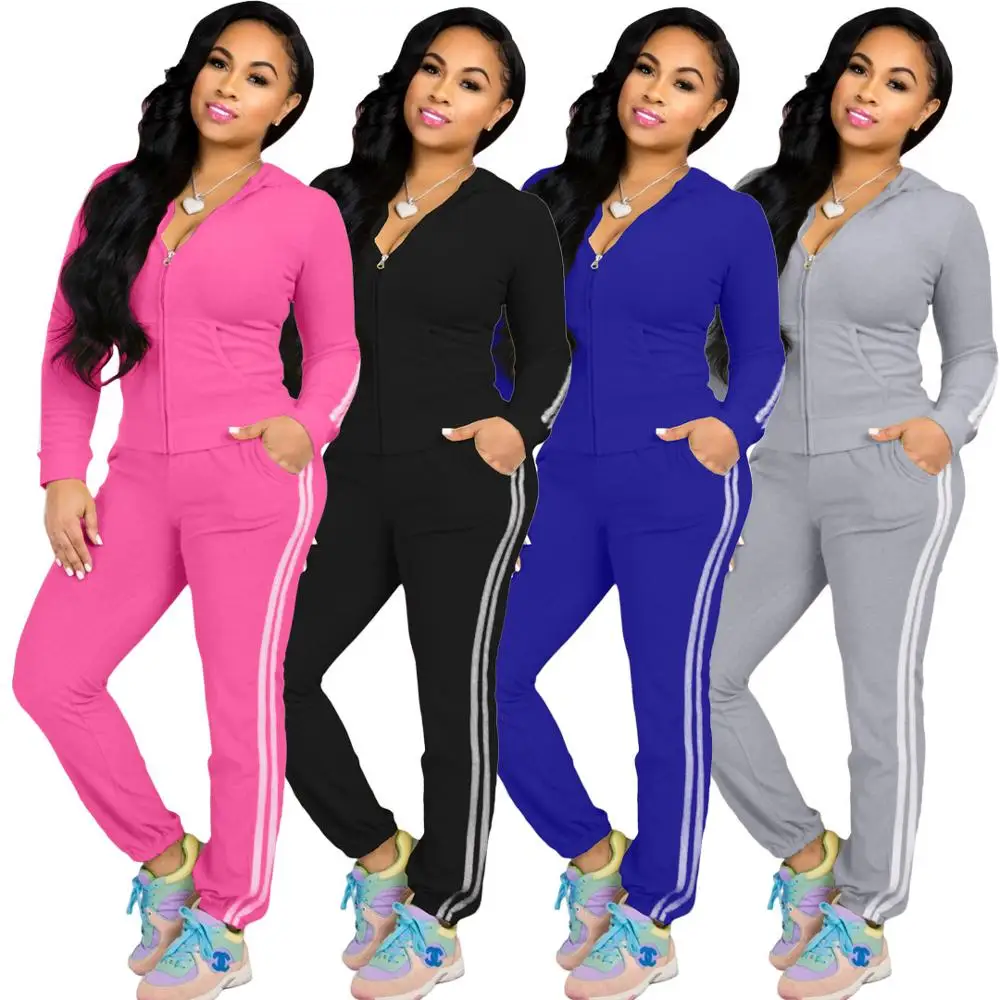 

2020 new fashion solid color leisure sports two piece suit slim V-neck zipper long sleeve coat and trousers women's set
