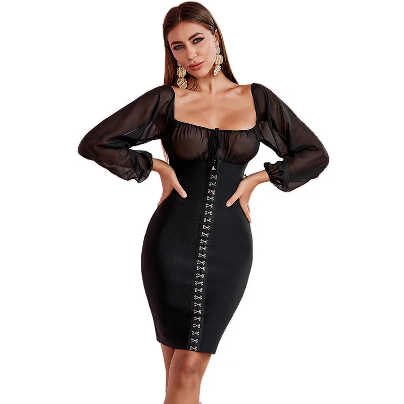 

Long sleeve gauze low collar outdoor wear knitting buttock dress sexy dress