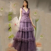 purple long prom dresses 2021 a line ruffles v neck sleeveless evening dresstulle tiered formal party gowns vestido de fiesta