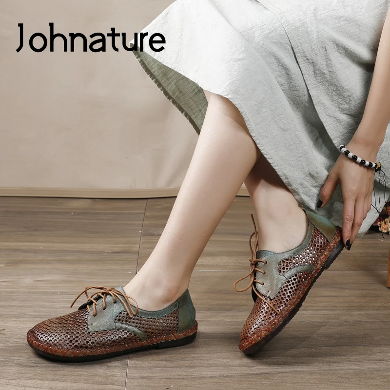 Johnature обувь на плоской подошве Женская смешанных Цвета натуральная кожа полые 2021