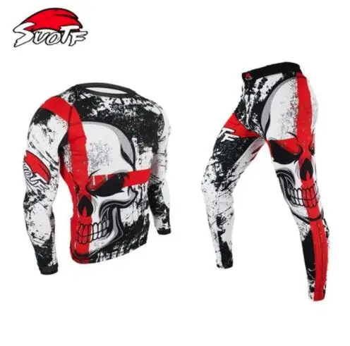 SUOTF Боксерский набор компрессионный Джерси+ брюки череп Рашгард KickBoxing плотные длинные футболки брюки Муай Тай ММА Fightwear - Цвет: Jersey and Pant