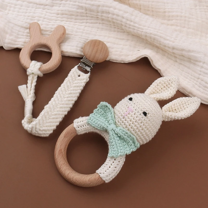 

3 Pcs Newborn Crochet Rabbit Rattle Comfort Toys Baby Pacifier Chain Clip Beech Teether Wooden Teething Ring Shower Gift
