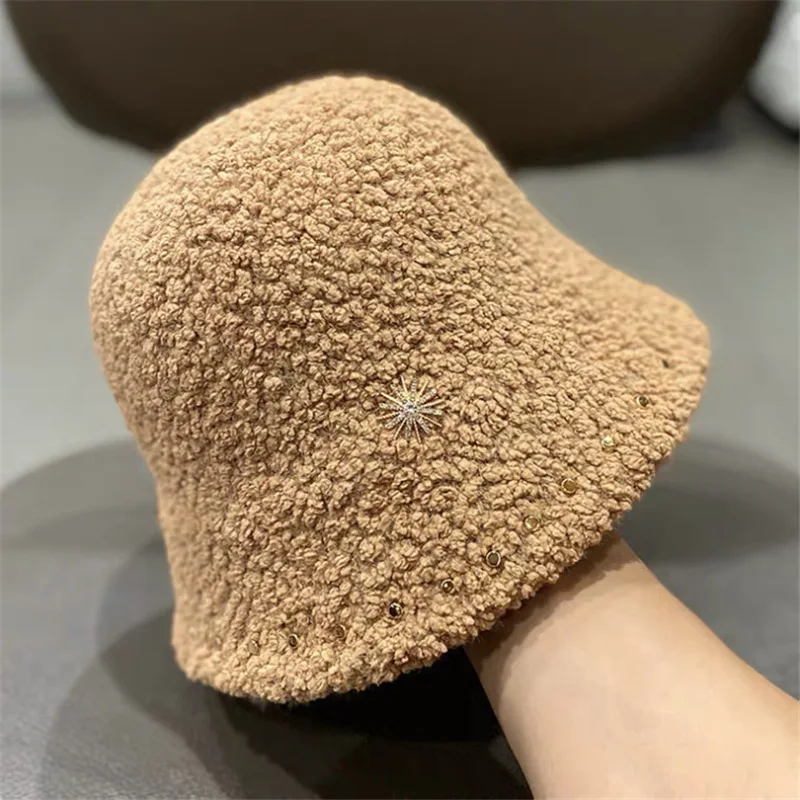 

Korean version Wool Studded Bucket Hat Women's Autumn Winter Warm Street Style Fishing Hat Thickened Winter Cap