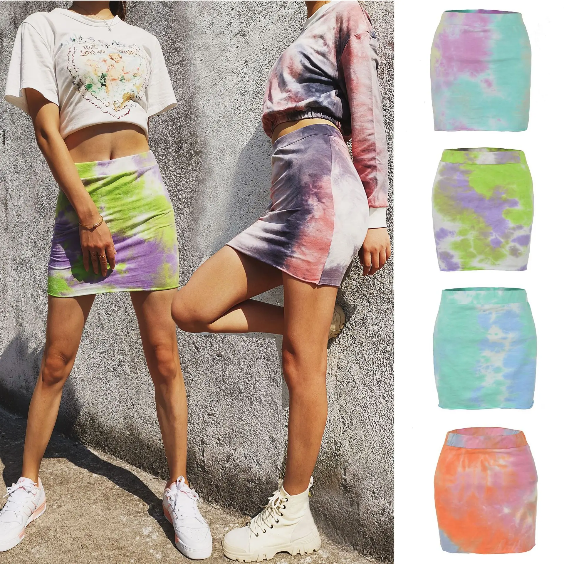 Sexy Women Tie Dyed Print Skirt Summer High Waist Mini Short Bodycon Femme Slim Package Hip Kpop Style L0155 | Женская одежда