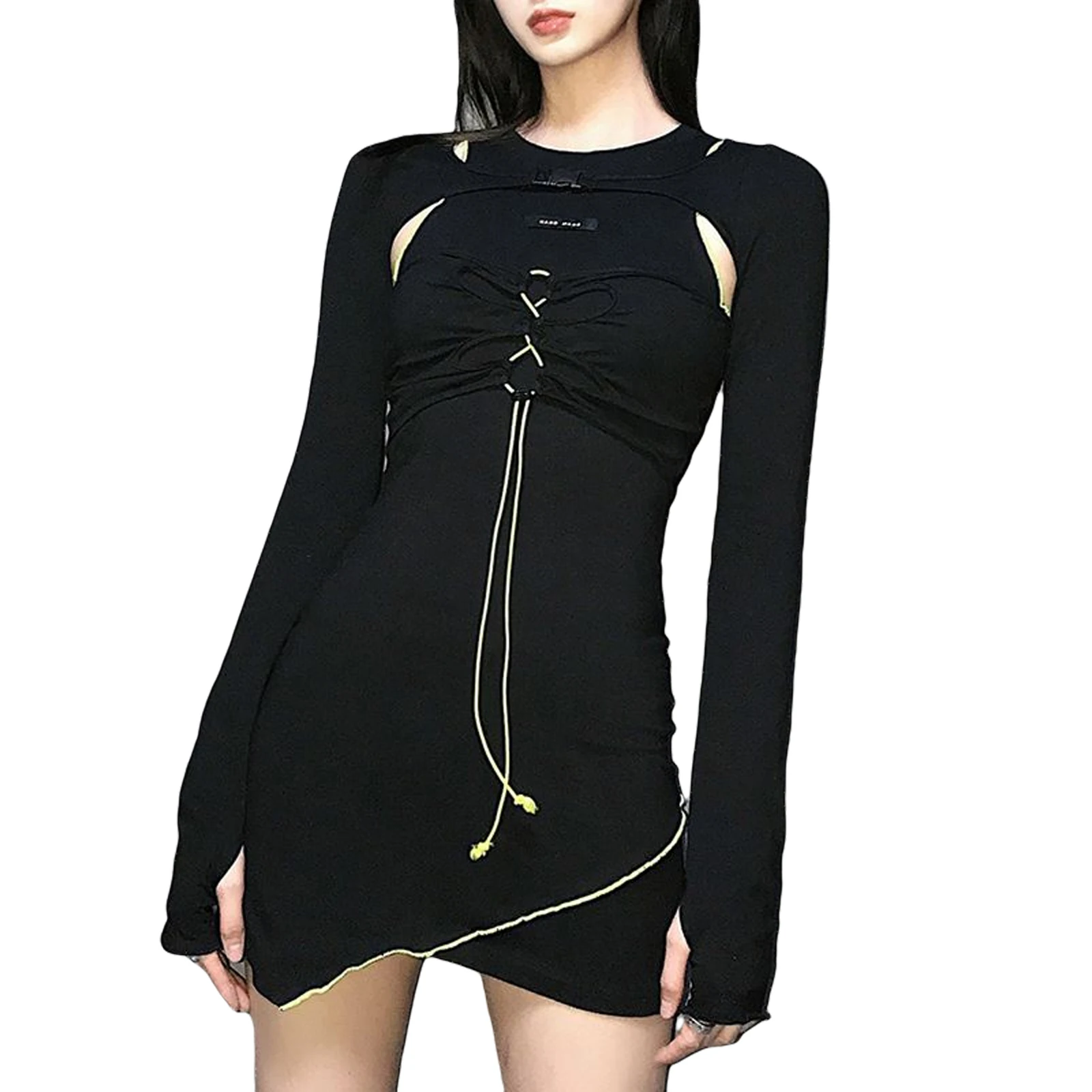 

Fashionable Women Tight One-piece Dress Long Sleeve Round Neck Cross Strap Fitted Waist Irregular Edge Skirt