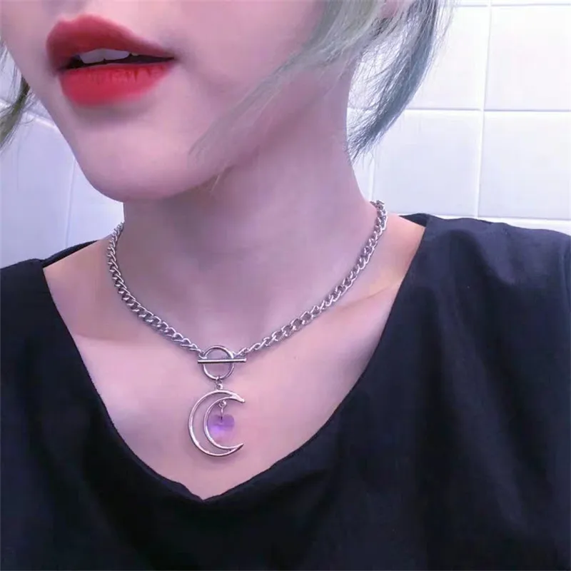 Kpop Harajuku полые луна сердце Хрустальная цепочка до ключиц OT ожерелья с пряжкой