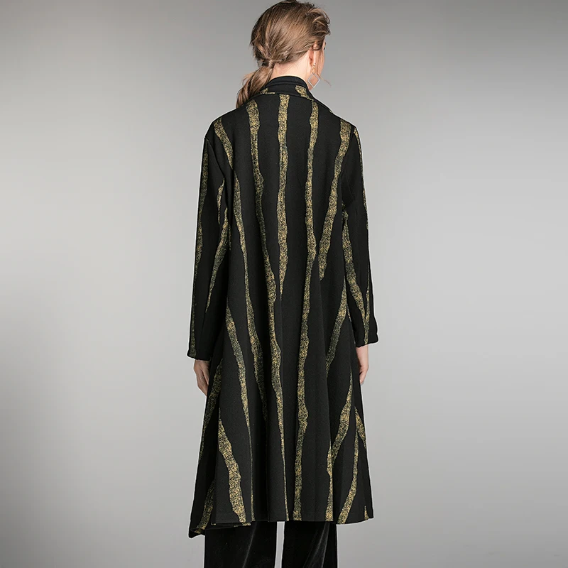 

Trench Coats Hooded Outwear Women Winter Autumn Striped Plus Size Black Casual Fashion Long Trench Coat Outwears Female 4xl