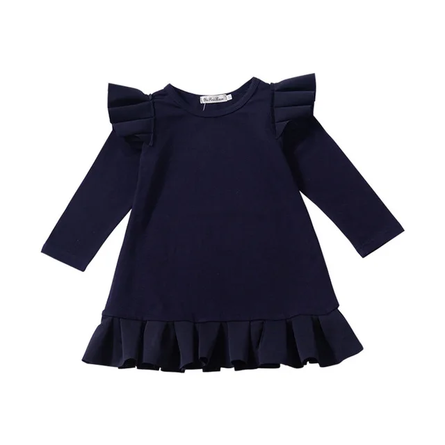 H956-Navy Новые зимние платья для маленьких девочек, темно-синее плиссированное платье с длинными рукавами-буфами, детское Повседневное платье - Цвет: H956-Navy