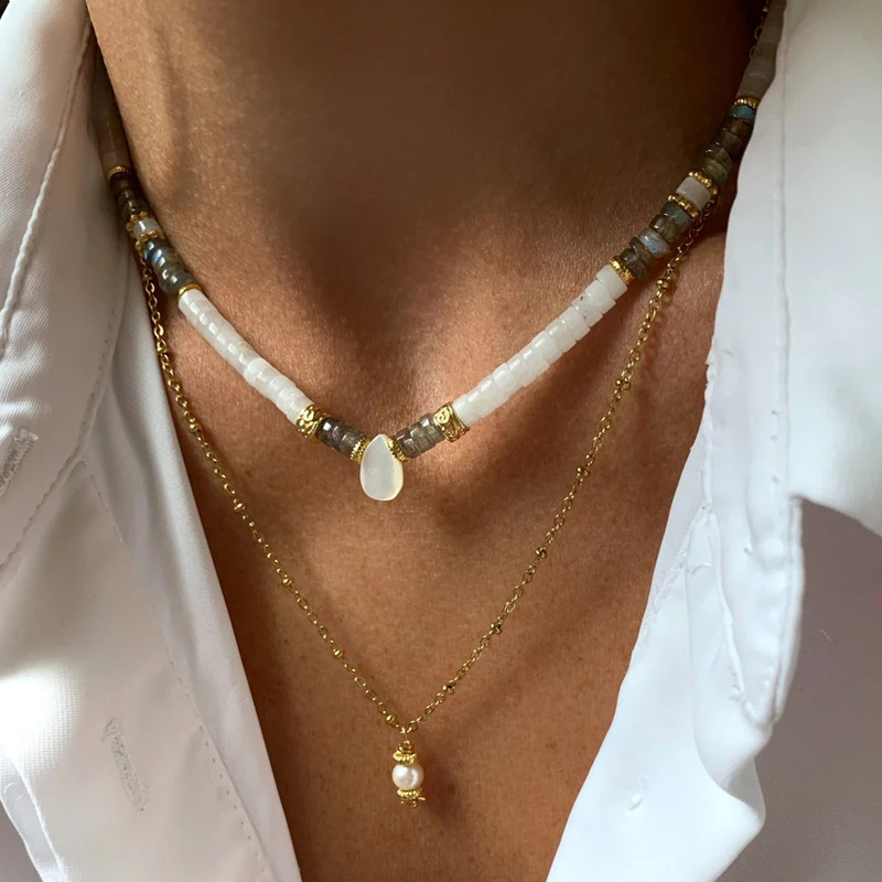 

2022 Trendy Classic Natural Stone Beaded Necklace White Grey Stone Gold-color Gasket Choker Minimalist Water Drop Pendant Collar