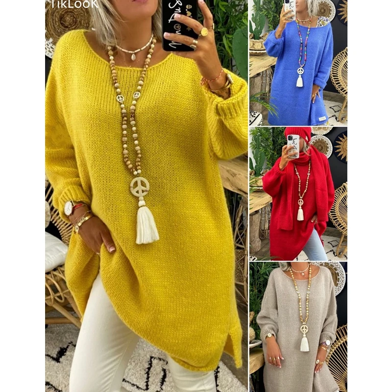 

Loose Long Sweater Women Pullover Round Neck Solid Color Streetwear Long Sleeves Autumn Winter Clothing Women Lugentolo