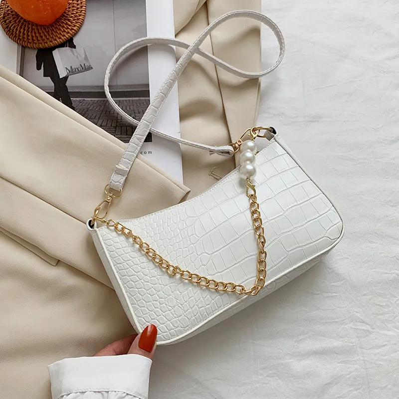 

Vintage Pearl Chain Straw Woven Bags for Women Handbag Version Texture Shoulder Messenger Bag Armpit Bag Cool Ladies Handbag